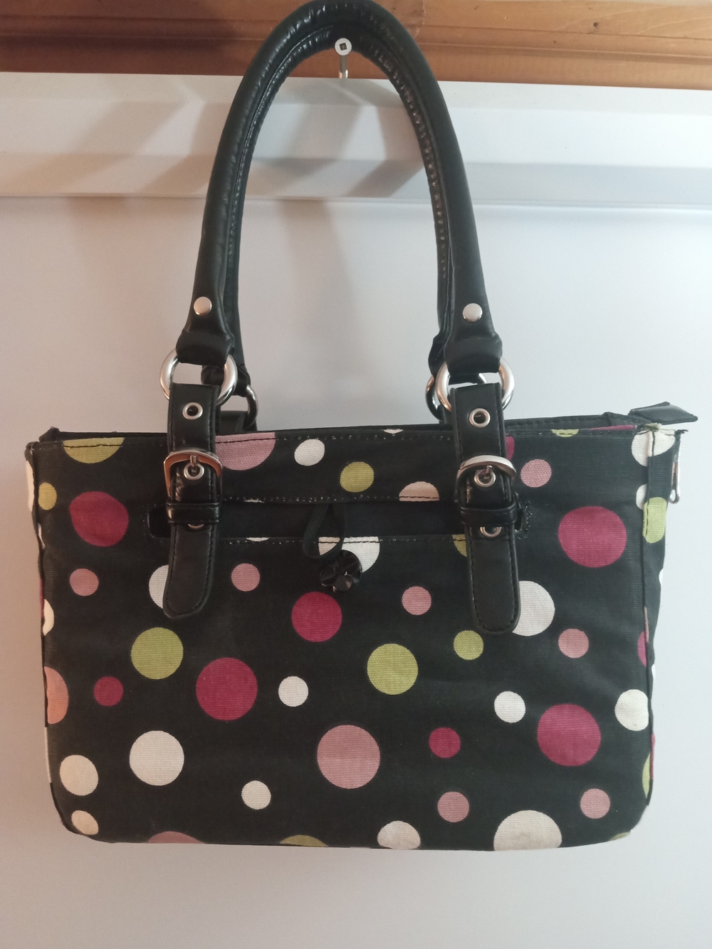 Black Polka Dot Shoulder Bag with Pink, Green and White Accents
